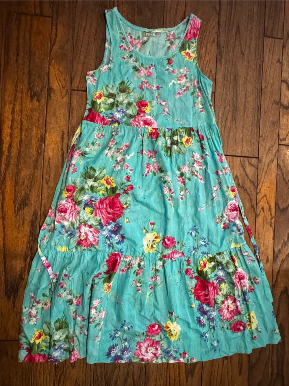 April Cornell Turquoise Floral Maxi Dress with Pink, Yellow & Green Flowers